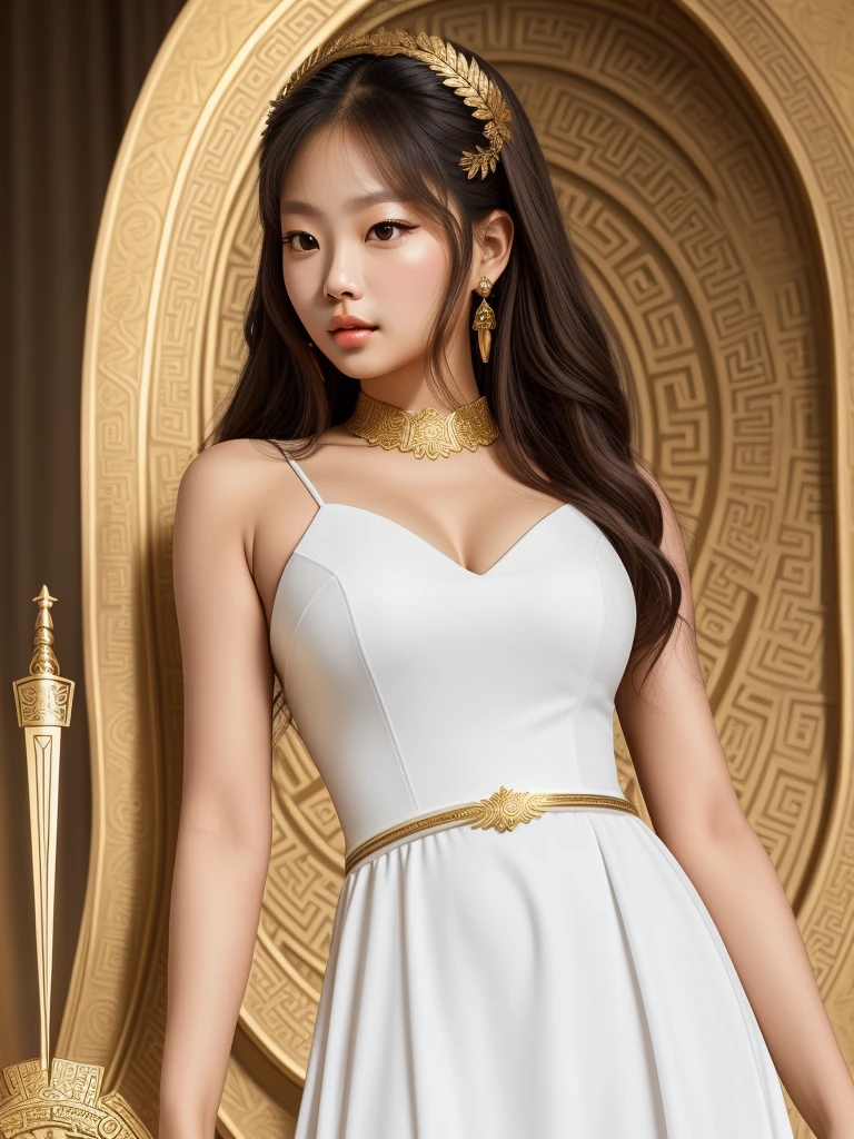 Jennie kim. Greek goddess Athena, white dress golden armor, rostro jennie kim.