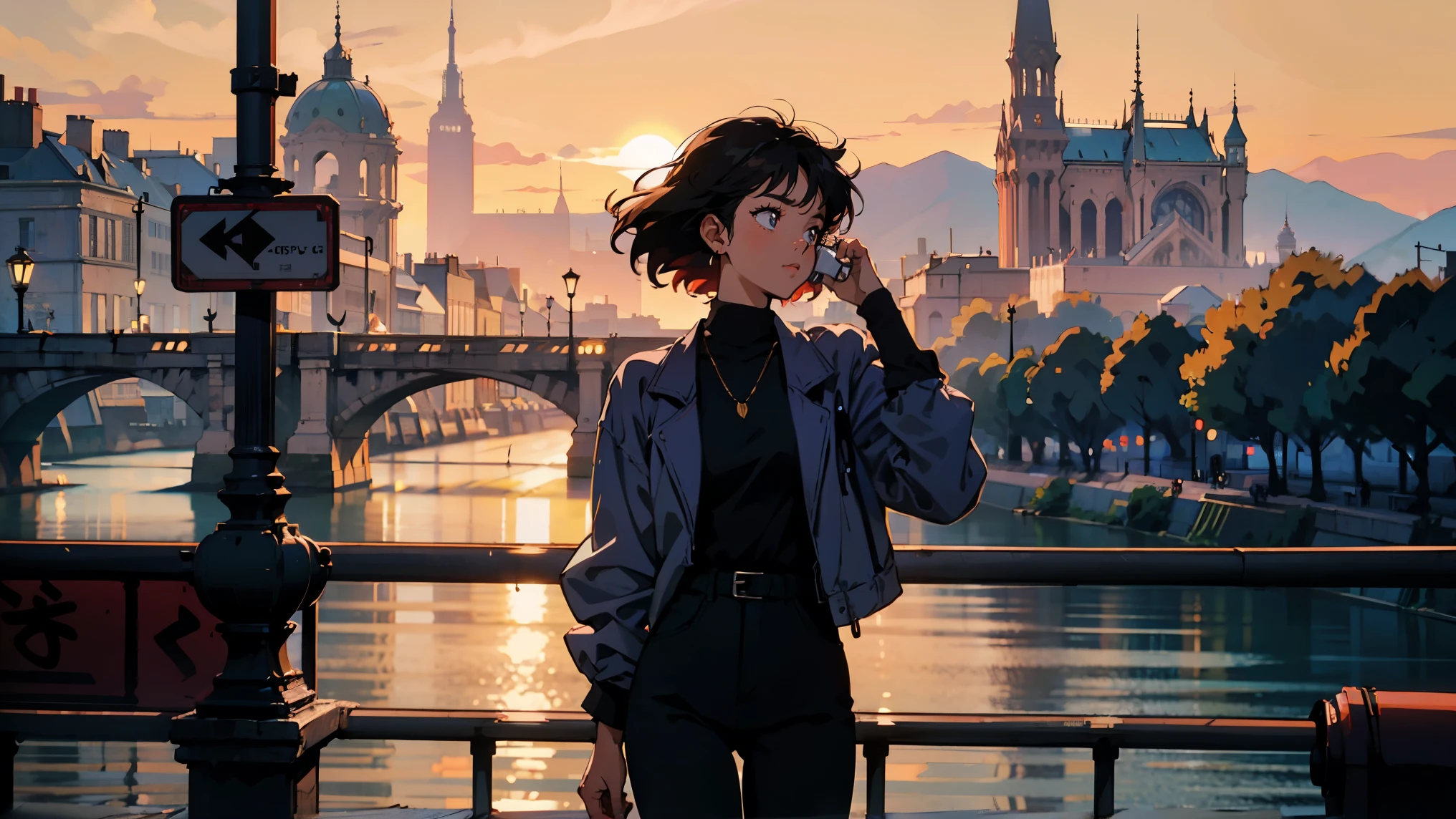 morning, During commute, Paris, On the Pont Neuf Bridge, Woman leaning on railing, Asian Woman,Drinking coffee, Parisの景色, Perfect Face, Looking Away, Office Suits, Melancholy, (Backlight: 1.1), A scene from a movie, Hard Shadows, masterpiece, Highest quality, Complex, Model shooting style, Vintage, Film Grain, Wide Shot