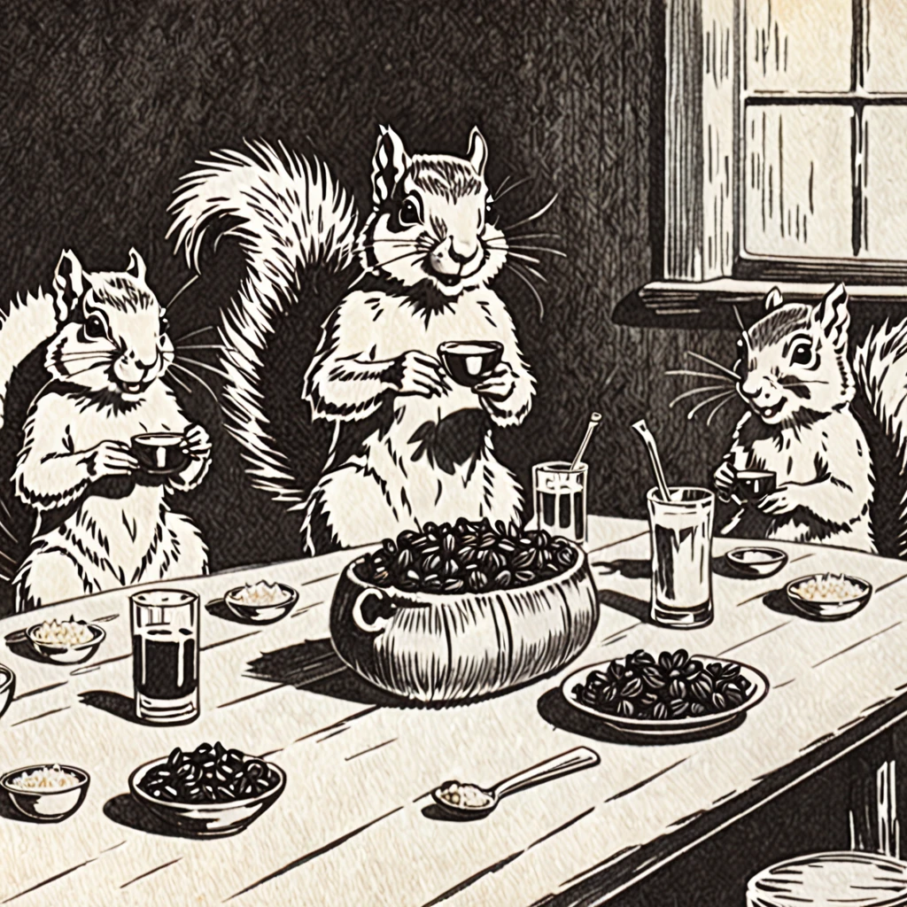 4 Squirrels, drunk, vintage, pencil draw, gathering, table with a bottle of rum in the middle, (Squirrel 1 holding a peanut), (squirrel 2 holding shredded coconut), (squirrel 3 holding raisins), (squirrel 4 holding a sack of flour), sitting with glasses of rum and ice