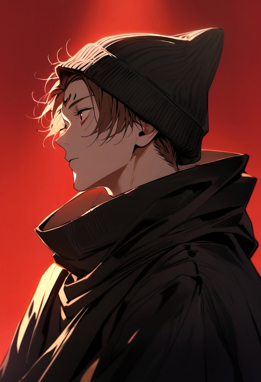 boy in the center similar to sukuna from jujutsu kaisen with medium brown hair with a black beanie hat on a dark and red background