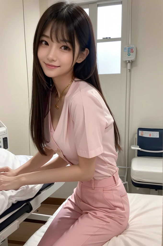Hospital room, nurse, ((full body)), ((photo)), ((best qualtiy, 8K, tmasterpiece: 1.3)), Focus: 1.2, perfect figure beautiful girl: 1.4, 1girl, cowboy shot, look at viewer, eyes facing the camera, incredibly absurd, beautiful and cute girl with a photorealistic face, showcasing top-quality craftsmanship, Japanese woman taking care of patients in a hospital room, 23 years old, long hair parted in the middle, long layered bangs, silky hair quality, thick and voluminous style, beautiful features, amber eyes, long eyelashes, thin eyebrows, beautiful bridge of the nose, small nose, plump and elegant pink lips, fair skin, high cheekbones, cute smile, clean jawline, beautiful nape, long neck, 163cm height, long limbs, delicate, slender, well-balanced proportions, beautiful C-cup breasts, pink blouse and pink pants nurse uniform, nurse shoes, gold ring and necklace, beautiful, neat, refined, elegant, soothing, pretty older sister, long legs, kind, strong-willed, passionate, proactive, hardworking, gains the trust of those around her, October