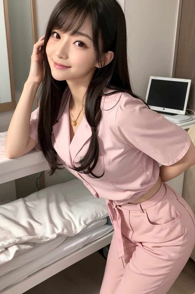 Hospital room, nurse, ((full body)), ((photo)), ((best qualtiy, 8K, tmasterpiece: 1.3)), Focus: 1.2, perfect figure beautiful girl: 1.4, 1girl, cowboy shot, look at viewer, eyes facing the camera, incredibly absurd, beautiful and cute girl with a photorealistic face, showcasing top-quality craftsmanship, Japanese woman taking care of patients in a hospital room, 23 years old, long hair parted in the middle, long layered bangs, silky hair quality, thick and voluminous style, beautiful features, amber eyes, long eyelashes, thin eyebrows, beautiful bridge of the nose, small nose, plump and elegant pink lips, fair skin, high cheekbones, cute smile, clean jawline, beautiful nape, long neck, 163cm height, long limbs, delicate, slender, well-balanced proportions, beautiful C-cup breasts, pink blouse and pink pants nurse uniform, nurse shoes, gold ring and necklace, beautiful, neat, refined, elegant, soothing, pretty older sister, long legs, kind, strong-willed, passionate, proactive, hardworking, gains the trust of those around her, October