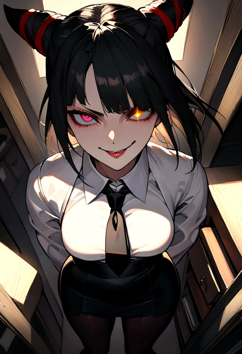 juri han, work of art, tight white secretary shirt with black tie, black high waist skirt, short skirt,stocking, black hair, black tightscary sun,office,bangs on the eyes,lighting,horn of hair,view from above,staring overhead,evil smile
