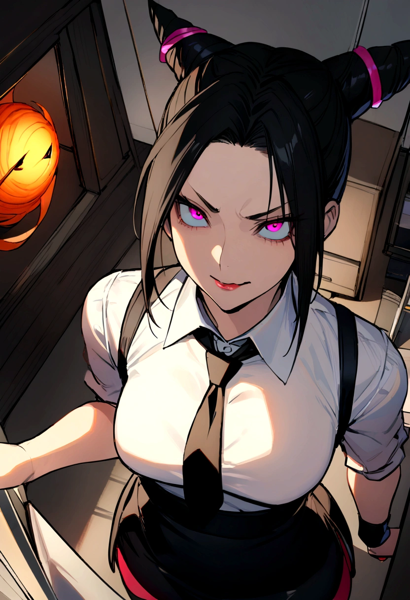 juri han, work of art, tight white secretary shirt with black tie, black high waist skirt, short skirt,stocking, black hair, black tightscary sun,office,bangs on the eyes,lighting,horn of hair,view from above,staring overhead,evil smile