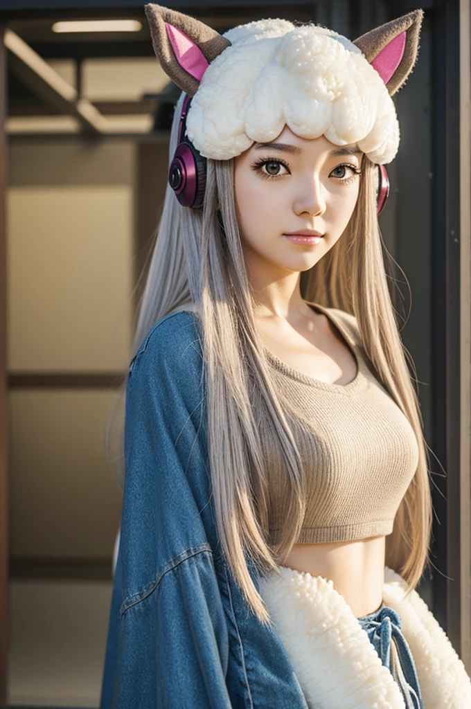 Create a female anime-type character with ears, sheep's horns and tail