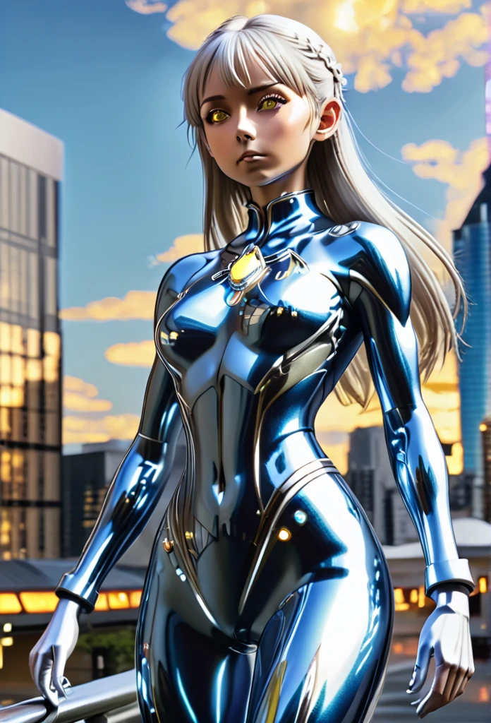 1girl, solo, anime style, 4k quality, masterpiece, best quality, ultra series, sword art online, ****ta, , yui, long hair, blunt bangs, white hair, very long hair, high ponytail, pointy ears, elf, barefoot, ultragirl, robot, colored skin, glowing eyes, yellow eyes, flat chest, giantess, giant, metallic face, metallic skin, shiny skin, chrome skin, gem on chest, colour timer on chest, chest jewel, blue jewel, muscular, abs, muscular female, Female Bodybuilding Style, ultra beam ( a cross-shape or an L-shape with your arms and firing a beam from your upright arm), thick_thighs, looking at viewer, full body, serious face, closed mouth, standing, giantess, outdoor, city, citycape, skyscraper