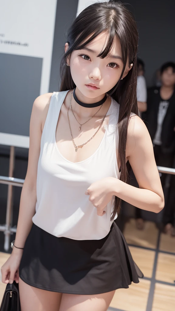 cxshenyu, 1 Girl, Solitary, sleeveless, Necklace, Looking at the audience, shirt, sleeveless shirt, Bare shoulders, white shirt, Black skirt, Practical, black Necklace, Brown hair, Shut up, Practical,masterpiece,best quality