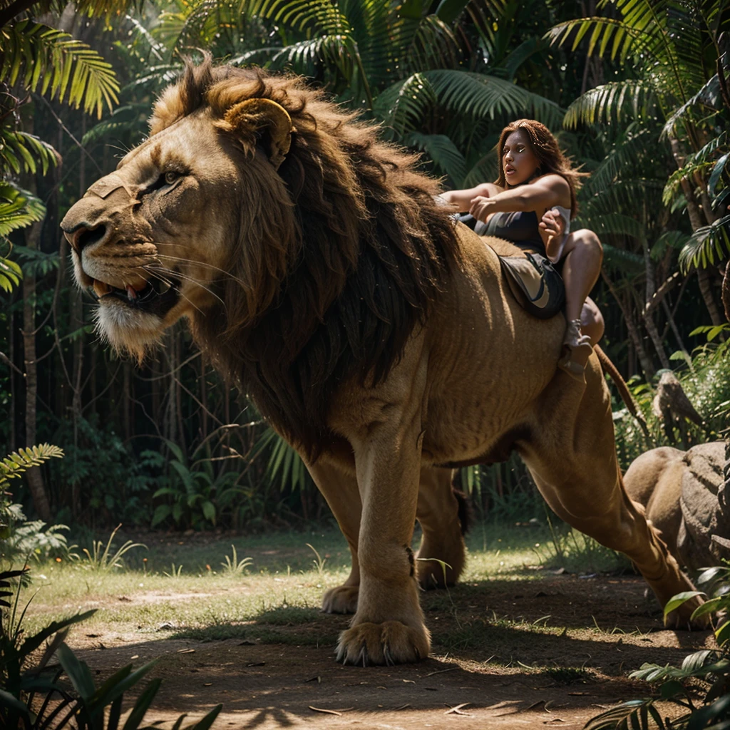 a muscular giant lion roaring and chasing a woman, photorealistic, cinematic lighting, dramatic composition, highly detailed, 8k, epic adventure, powerful beast, beautiful woman, terrified expression, motion blur, dramatic shadows, golden mane, intense eyes, huge claws, stalking prey, lush jungle environment, dense foliage, sunbeams, volumetric lighting, hyper-realistic, award-winning digital art