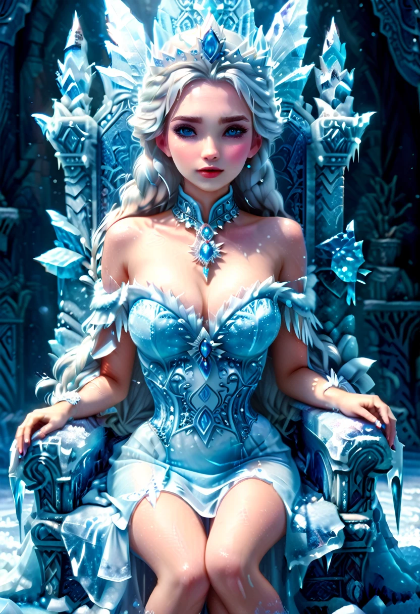 Arafed a picture of a frozen throne for an ice goddess, the goddess is sitting on her icy throne, wearing white and blue royal dress, glamorous dress, dynamic hair, bold intense eyes, extremely exquisite beautiful queen, perfect body, (anatomically correct: 1.3), ultra feminine, ultra detailed face, dark blue lips, azure glowing eyes, she sits on a (throne made from ice: 1.3) of regality, and might, throne carved from ice , legendary symmetric design, with (many carvings in the ice: 1.3), dynamic caevings on the handles decorated with (diamonds: 1.1), and (blue gems: 1.1), fantasy ice goddess hall room background, (masterpiece: 1.4) intense details, highly detailed, photorealistic, best quality, highres,16k, (ultra detailed:1.3(, masterpiece, best quality, (extremely detailed), close up, ultra wide shot, photorealistic, RAW, fantasy art, dnd art, fantasy art, realistic art,((best quality)), ((masterpiece)), (detailed: 1.5), ral-ntrgmstn, faize, IceMagicAI
