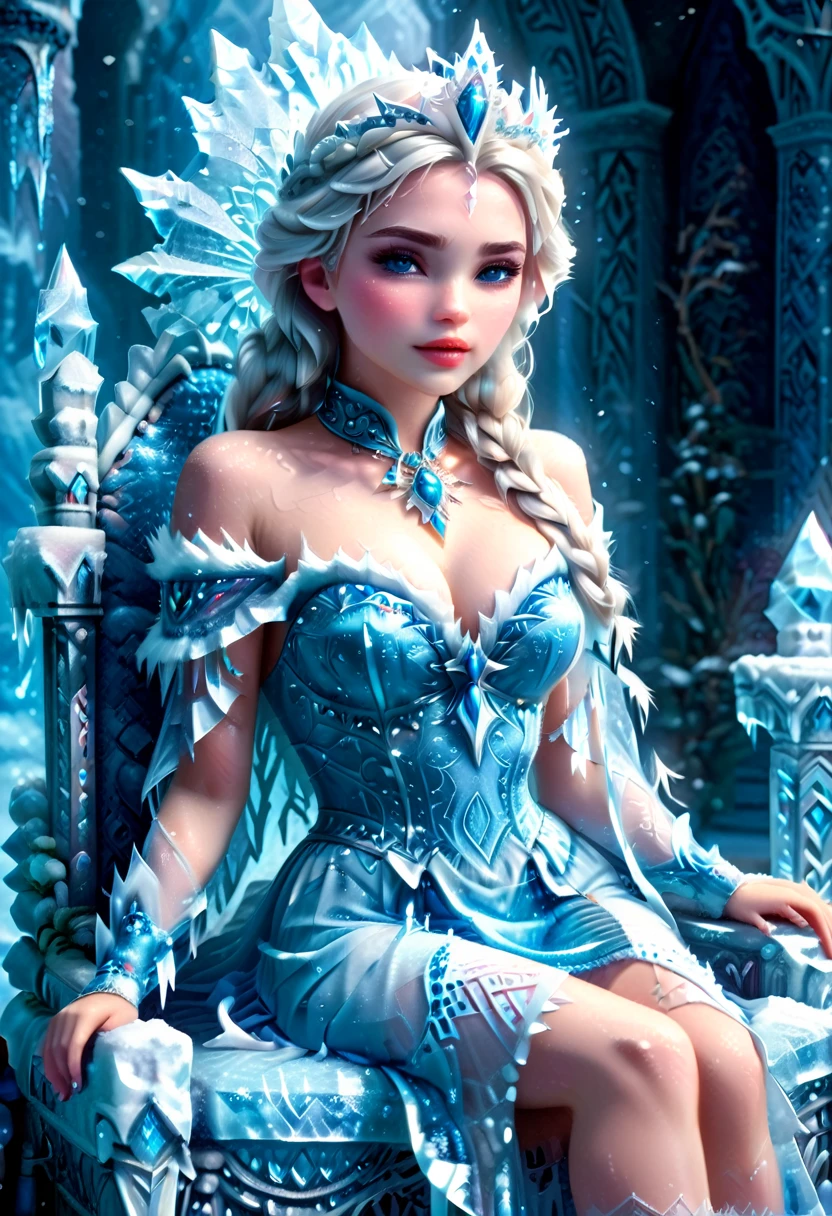 Arafed a picture of a frozen throne for an ice goddess, the goddess is sitting on her icy throne, wearing white and blue royal dress, glamorous dress, dynamic hair, bold intense eyes, extremely exquisite beautiful queen, perfect body, (anatomically correct: 1.3), ultra feminine, ultra detailed face, dark blue lips, azure glowing eyes, she sits on a (throne made from ice: 1.3) of regality, and might, throne carved from ice , legendary symmetric design, with (many carvings in the ice: 1.3), dynamic caevings on the handles decorated with (diamonds: 1.1), and (blue gems: 1.1), fantasy ice goddess hall room background, (masterpiece: 1.4) intense details, highly detailed, photorealistic, best quality, highres,16k, (ultra detailed:1.3(, masterpiece, best quality, (extremely detailed), close up, ultra wide shot, photorealistic, RAW, fantasy art, dnd art, fantasy art, realistic art,((best quality)), ((masterpiece)), (detailed: 1.5), ral-ntrgmstn, faize, IceMagicAI