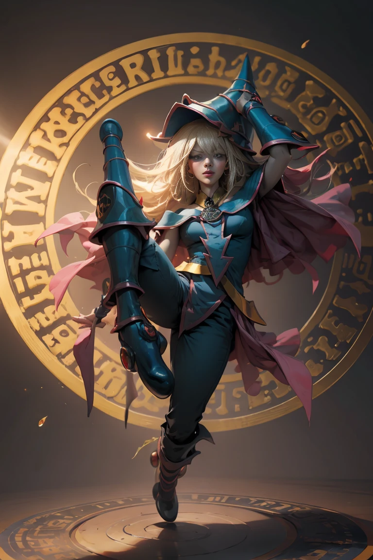 DarkDark Wizard Gils, with high heels. pants, sexy, Subjective and sensual pose.. long blonde hair. Blue eyes. Red lips. Levitating above a circle of magic. .