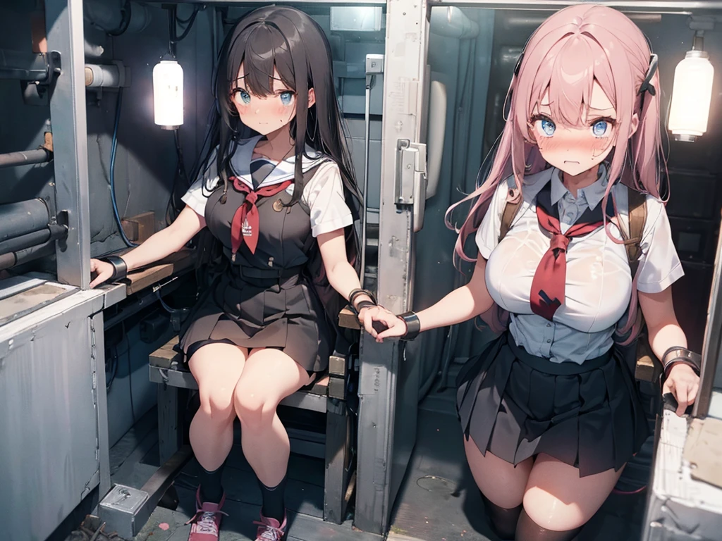 2 girls, strapped to chairs, (inside basement, torture room, cryogenic cell, cryogenic cell), (open legs:1.5), (blushing:1.5), (((blushing, terrified, crying))), (wrist cuffs, ankle cuffs, wrists tied, ankles tied), arms to the sides, ((tight clothing, short sleeves, sailor uniform, miniskirt, shoeless)), perfect face, detailed face, detailed eyes, beautiful eyes, big breasts, long hair