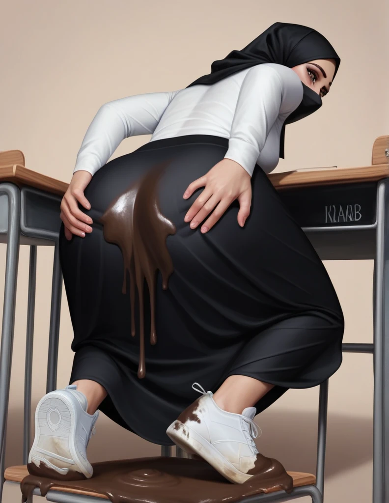 Realistic graphics, realistic face features, 1girl, 10 year old, cute face, pretty face, cute eyes, black hijab, long black skirt, tight long sleeve white shirt, white sneakers, crying, (((both hands on ass))), very sweaty, in dirty classroom, near the desk, dirty skirt, dirty chair, dirty clothes, sweaty clothes, (((make the whole image filthy and dirty))), (((some mud dripping from long skirt))), stinky atmosphere, filthy atmosphere, mud on long skirt, disgusting long skirt, (((extreme amount of mud on crotch))),