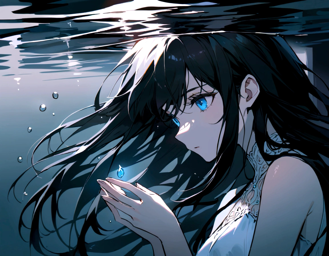 make me a female, black long hair, blue eyes, white dress, she's underwater, everything is dark, she has a little light in her hands