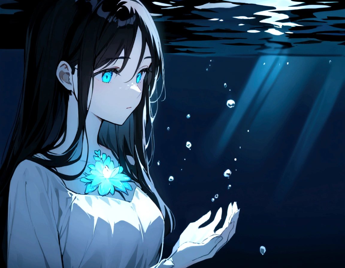 make me a female, black long hair, blue eyes, white dress, she's underwater, everything is dark, she has a little light in her hands
