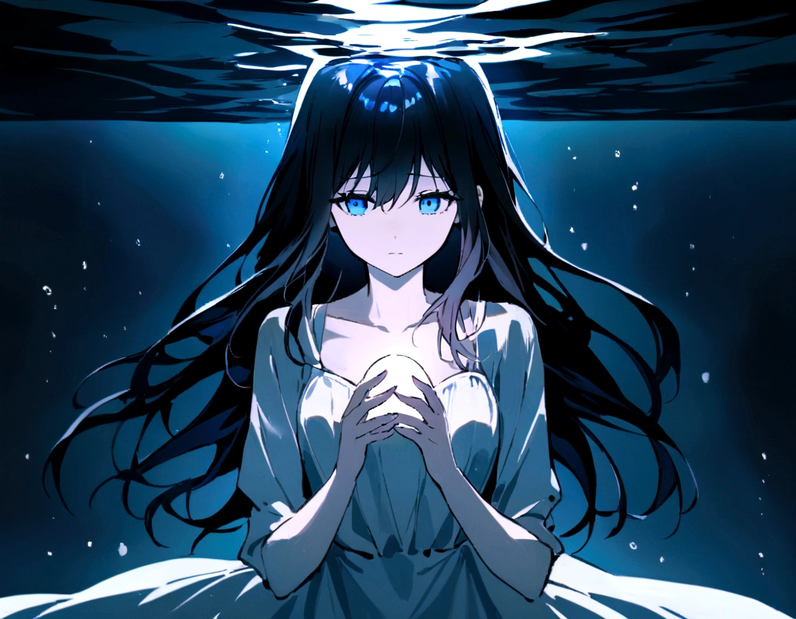 make me a female, black long hair, blue eyes, white dress, she's underwater, everything is dark, she has a little light in her hands