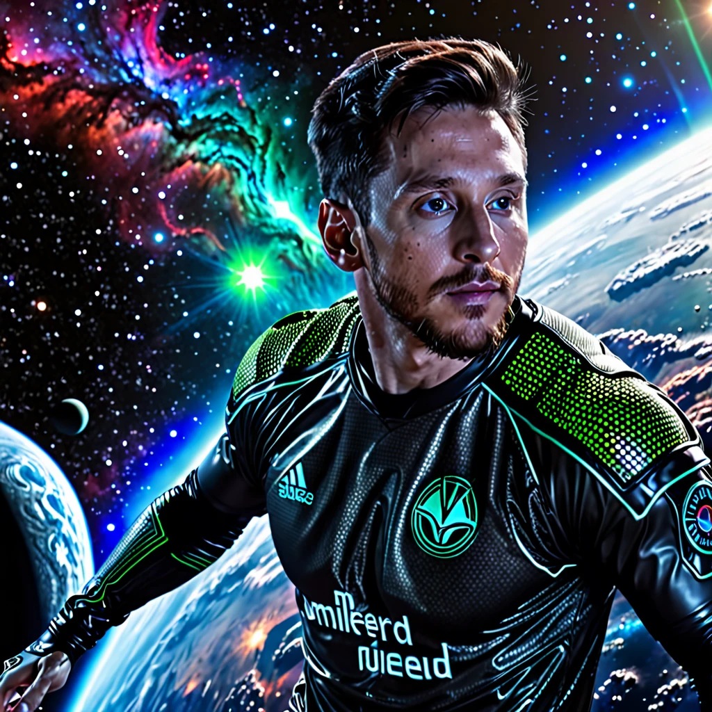 [Lionel Messi] as an [alien], [space] background, realistic, 8k, hd