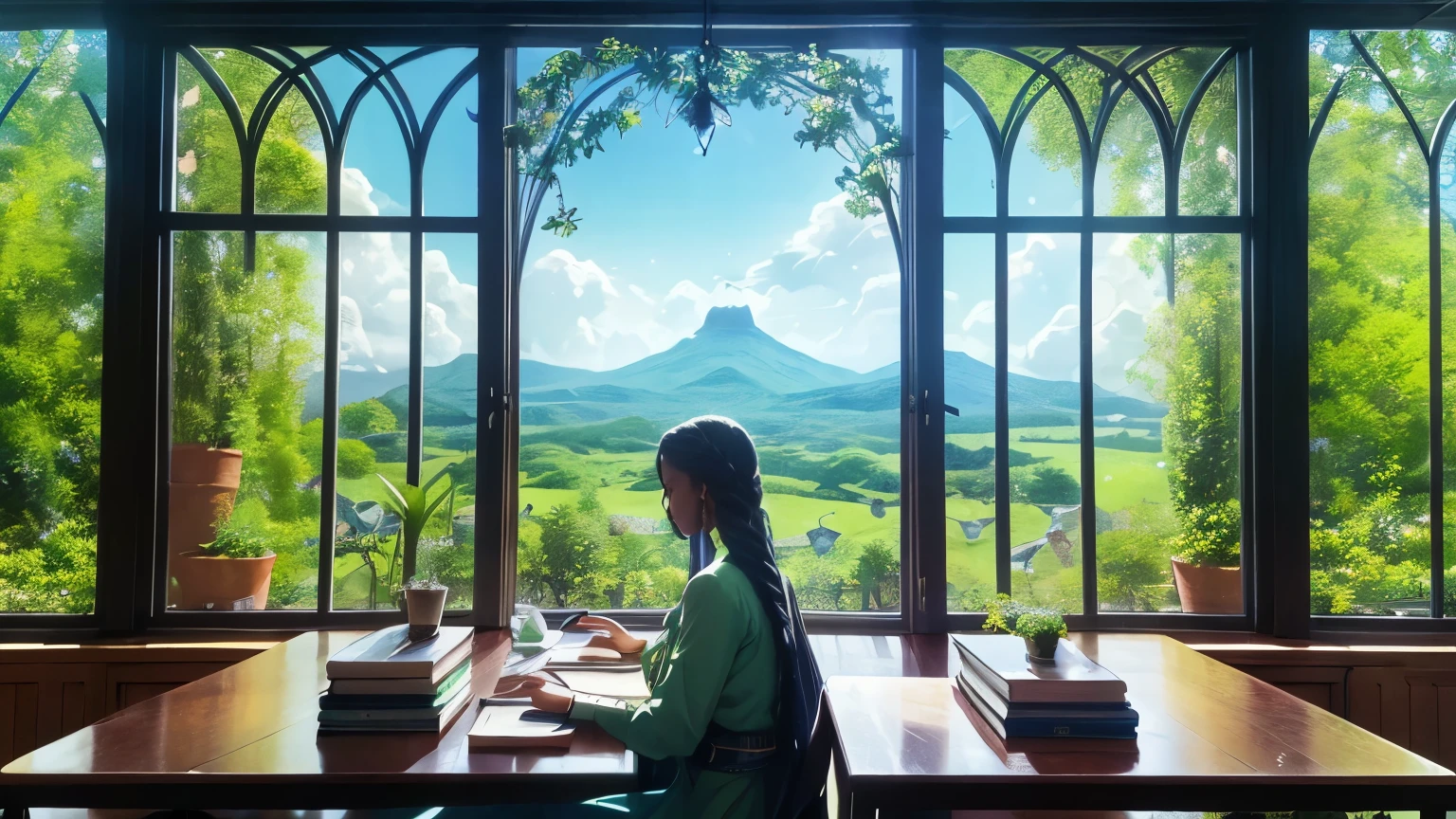 a table, green plants, panoramic window natural view, blue sky very detailed, intricate details, books, Magical realism style, black woman, long braided hair,sitting at desk,Relaxation concept art, anime background art, magical atmosphere + masterpiece