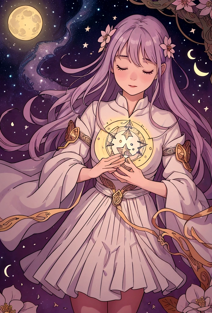 Create an image of a mystical and enchanted calendar suspended in a celestial realm. Picture a grand, ancient tome floating amidst clouds and soft beams of starlight. Its pages are made of shimmering parchment, inscribed with intricate runes and symbols that glow softly with the phases of the moon and the movement of celestial bodies. Each page represents a month, adorned with fantastical illustrations that change subtly as time passes. Surrounding the calendar, delicate vines and flowers intertwine, their petals opening and closing with the changing seasons, while gentle breezes carry whispers of future events. Generate an image that captures the magical essence of this otherworldly calendar.
