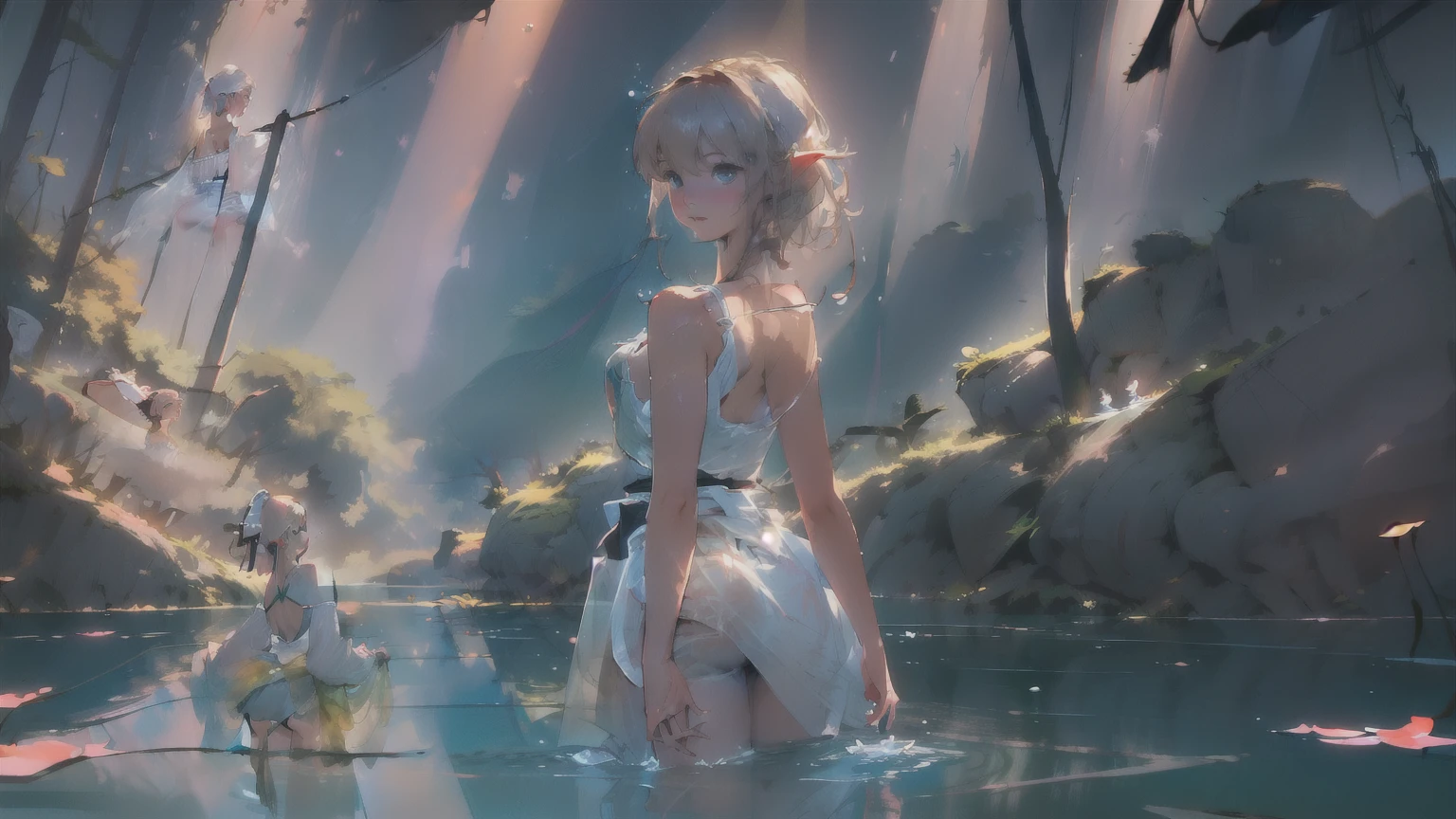 (((Top quality, 4k, 8k, high resolution, masterpiece: 1.2))), (super detailed), (realistic), (photorealistic), (photorealistic: 1.37), (HDR, UHD), (studio (lighting)), ultra-fine drawing, sharp focus, physically based rendering, highly detailed, professional, vibrant colors, perfect ditaile hand, highly detailed realistic eyes,
night, late night, dark, moonlight,
forest, deep forest,
spring, small lake,
Woman, One Woman, nude,
(((to enter a lake, to enter the water, to wad up to one's waist in water))),
back turned, look back,
looking at viewer,
Blonde, Long Hair, Elf Ears,
camisole, translucent camisole, see-through camisole, long camisole, lace camisole, silk camisole,
No underwear, nude,
My hair gets wet, my underwear gets wet,
(((Long shot, Distant view))),