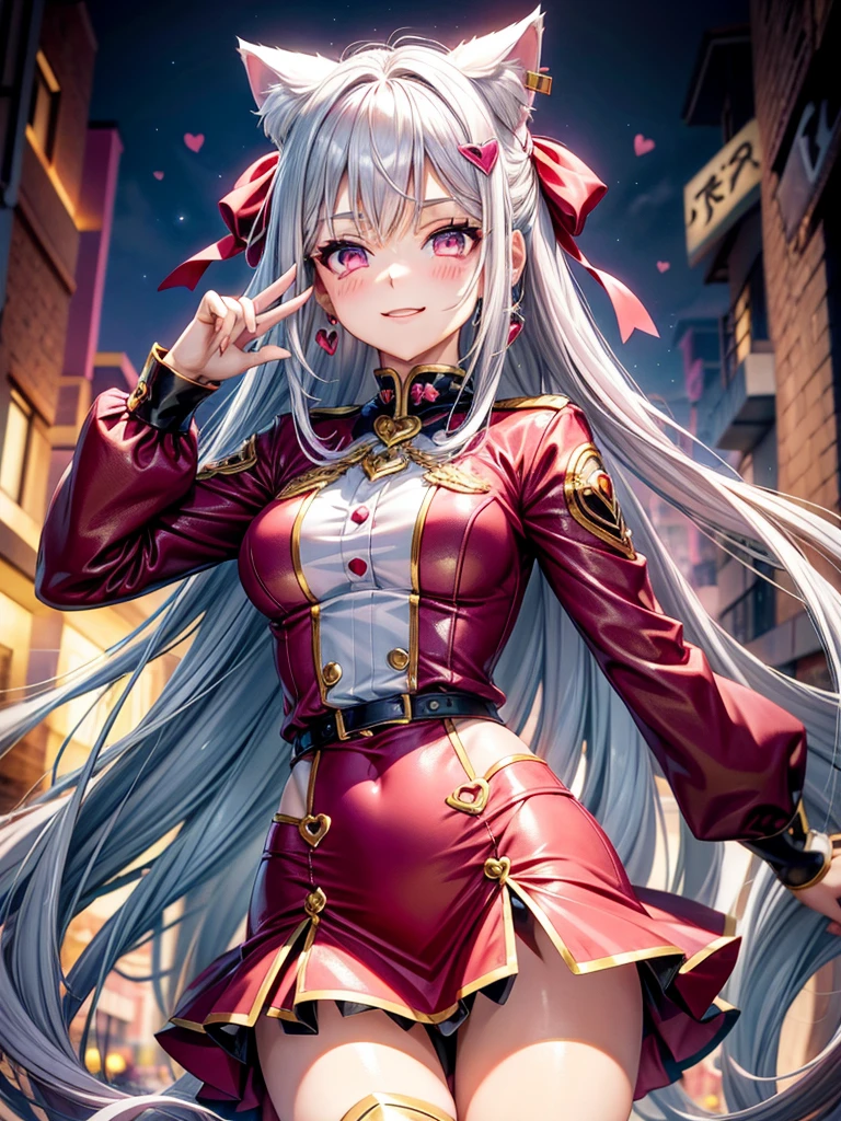 Silver hair, pink eyes, body, cat ears, adult girl, earrings, hearts sky clouds background, red teal gold uniform, hair bows, happy face, thigh up, looking at straight