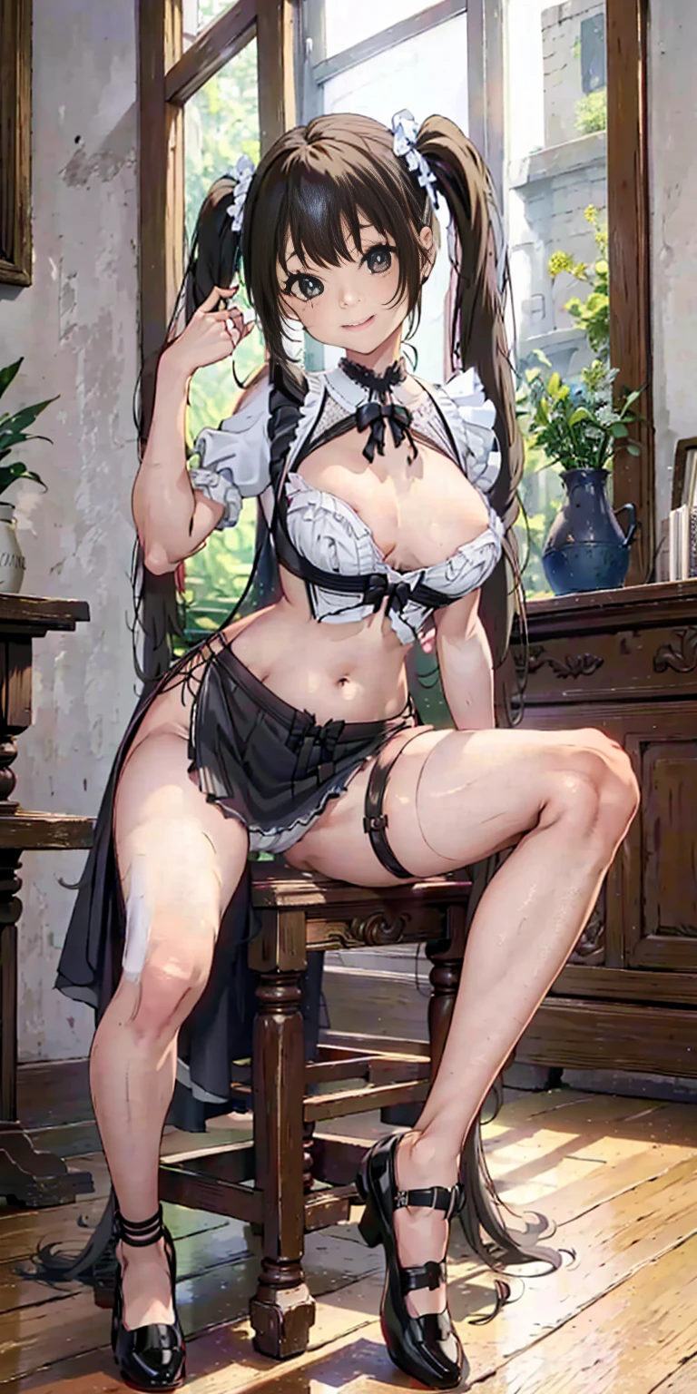 Masterpiece、Highest quality、Highest quality, (long and thin legs, shoes:1.2), Arm behind wrist, squat、Spread your legs、1 girl, (smile、Open your mouth大笑い:1.2), Cute eyes, (Detailed face:1.3)、Open your mouth, The whole face turns red, alone, Big and ample breasts, (Straight bangs, Twin tails), White maid outfit、Side bust、Underbust、belly button、Walking through the mansion&#39;corridor、nsfw