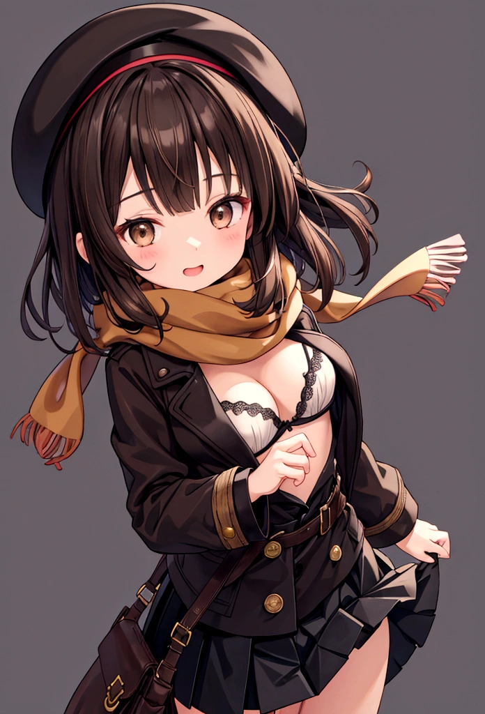 Solo Girl, 20-year-old,Medium Hair, Dark brown hair, Brown eyes, Mid-chest, Happy,pea coat,beret,Fluffy scarf,Maxi Skirt ,Panties and bra、Skirt flip