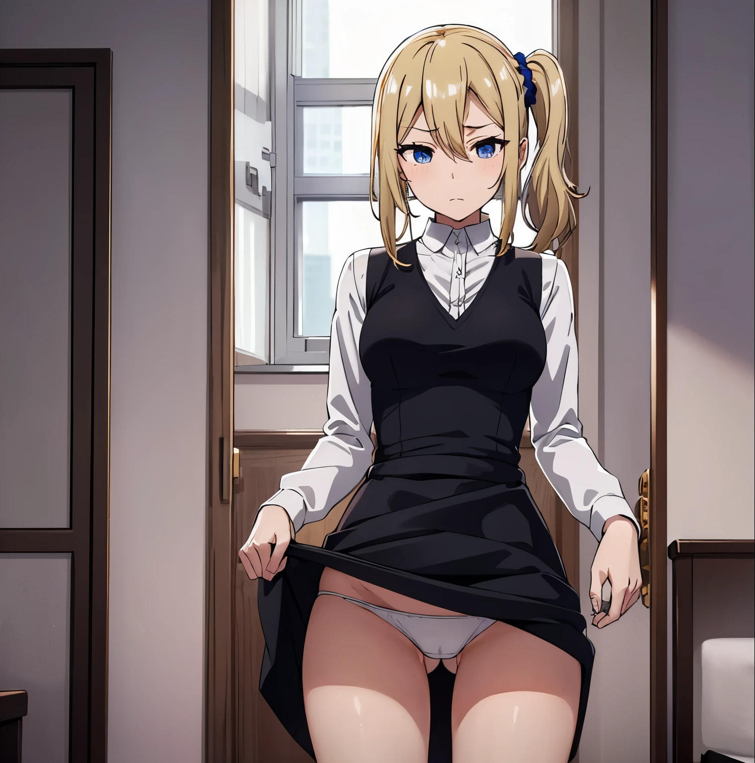 1girl,alone, Ai Hayasaka,masterpiece,best quality,high resolution,ultra detailed,dynamic pose,cowboy shot,detailed eyes,perfect fingers,looking at viewer,perfect body,blue scrunchie,side ponytail,hair between eyes , blue eyes, blonde hair, hair ornament, medium breasts, narrow waist, wide hips, wide thighs, round butt, , white collared shirt, clothes around the waist, bangs, black socks, black vest , long hair, long sleeves, cardigan, side locks, black knee-high stockings, dress shirt, necklace, collarbone, black dress, jewelry, black sweater, )),(dress lift:1.4),(white panties:1.2 ), (interior, room, double bedroom, window, night, moon, city lights), (standing), tears, frowning, looking forward, ((focus on breasts)), pov (from middle) , perfect anatomy, perfect hands