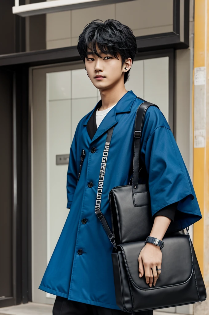 Bag chan from stray kids in his predubt with a black harlot and blue sleeves