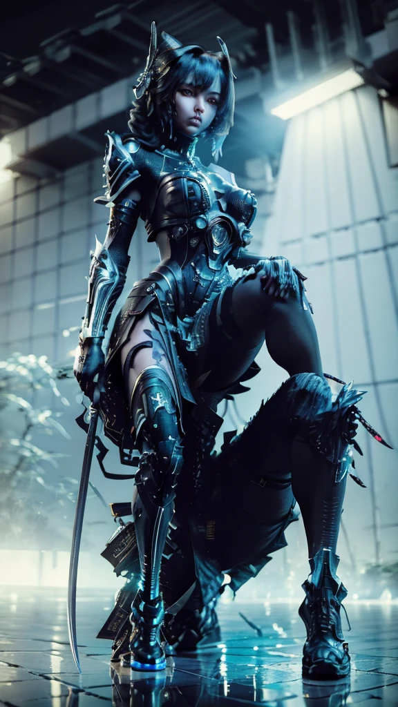 Surreal version of a woman kneeling down on one knee with sword in hand, very beautiful cyberpunk samurai,Sitting on one knee, cyberpunk anime art, cyberpunk samurai, cyberpunk anime art, cyberpunk anime, cgsociety 9, digital cyberpunk anime art, style of maciej kuciara .1girl, samurai armor, devil mask helmet, intricate, detailed ornaments, cold colors, metallic, Egyptian details, details very complex, realistic lighting, trending on social cgs, glowing eyes, facing camera, neon details, surreal details, full body portrait, Japanese atmosphere, lighting global, shadow, octane rendering, 8k, super sharp lolita.((Best quality)), ((masterpiece)), (details:1.4), 3D, image of a female cyberpunk beautiful,HDR (High Dynamic Range),Beam Range,NVIDIA RTX,Ultra High Resolution,Unreal 5,Subsurface Scattering,PBR Textures,Post-processing,Anisotropic Filtering,Depth of Field, Maximum clarity and sharpness, Multi-layer textures, Albedo and Reflection maps, Surface shadows, Accurate simulation of light-material interaction, Perfect scaling, Octane rendering, Two-tone lighting Color, Wide Aperture, Low ISO, White Balance, Rule of Thirds, 8K RAW,