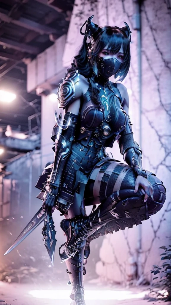 Surreal version of a woman kneeling down on one knee with sword in hand, very beautiful cyberpunk samurai,Sitting on one knee, cyberpunk anime art, cyberpunk samurai, cyberpunk anime art, cyberpunk anime, cgsociety 9, digital cyberpunk anime art, style of maciej kuciara .1girl, samurai armor, devil mask helmet, intricate, detailed ornaments, cold colors, metallic, Egyptian details, details very complex, realistic lighting, trending on social cgs, glowing eyes, facing camera, neon details, surreal details, full body portrait, Japanese atmosphere, lighting global, shadow, octane rendering, 8k, super sharp ta.((Best quality)), ((masterpiece)), (details:1.4), 3D, image of a female cyberpunk beautiful,HDR (High Dynamic Range),Beam Range,NVIDIA RTX,Ultra High Resolution,Unreal 5,Subsurface Scattering,PBR Textures,Post-processing,Anisotropic Filtering,Depth of Field, Maximum clarity and sharpness, Multi-layer textures, Albedo and Reflection maps, Surface shadows, Accurate simulation of light-material interaction, Perfect scaling, Octane rendering, Two-tone lighting Color, Wide Aperture, Low ISO, White Balance, Rule of Thirds, 8K RAW,