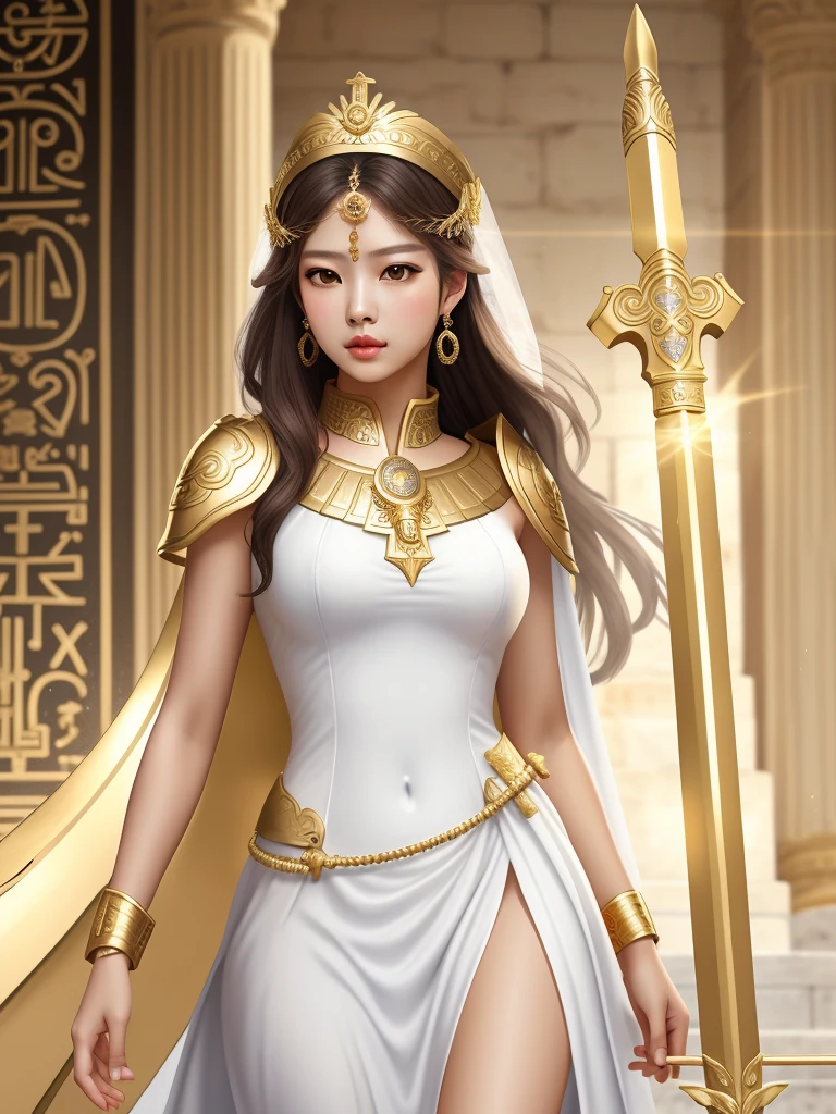 Greek goddess Athena, greek style white dress, Golden armor, golden spear. rostro de jennie kim. 