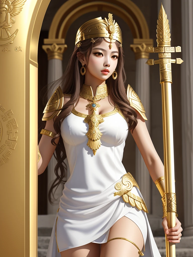 Greek goddess Athena, greek style white dress, Golden armor, golden spear. rostro de jennie kim.