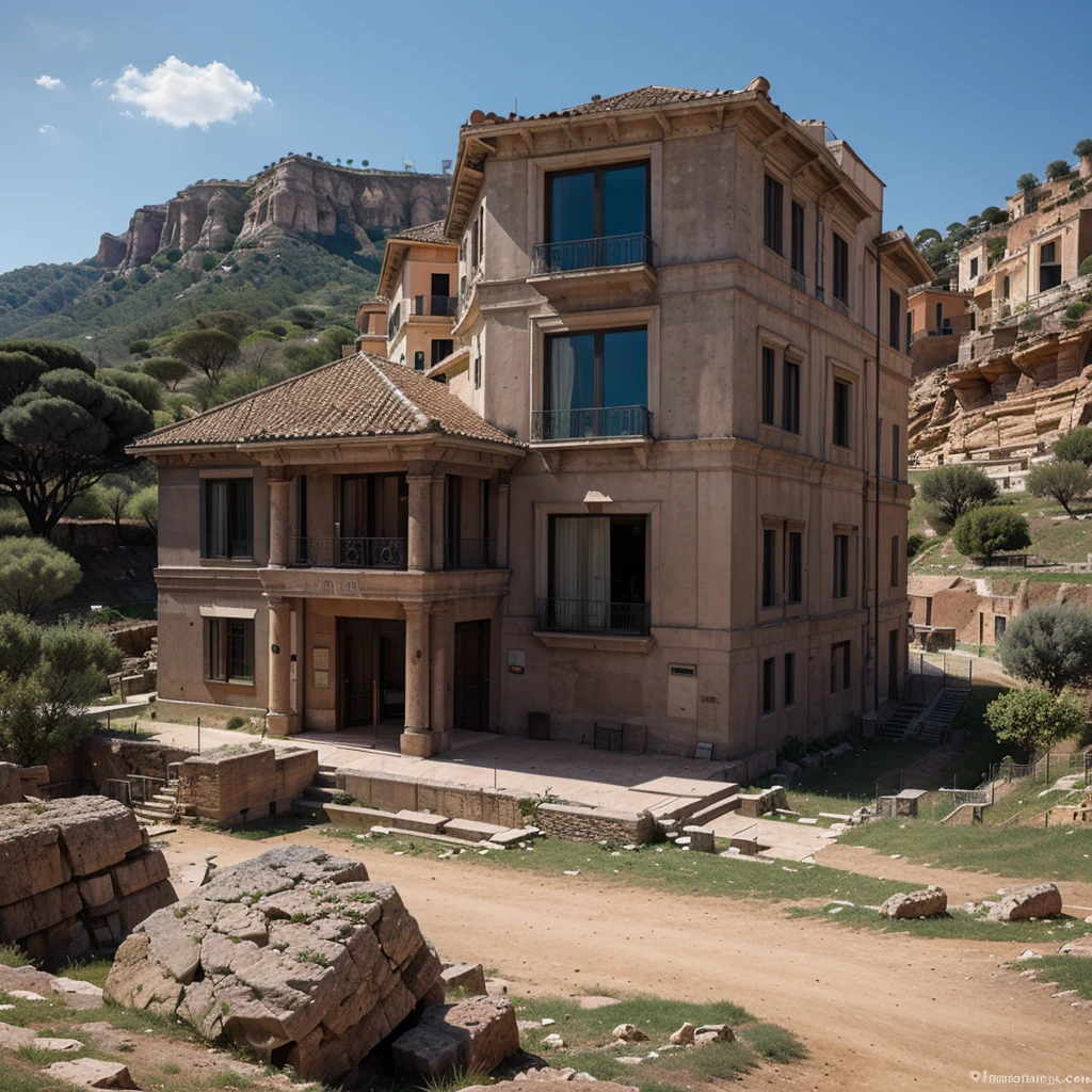 anciant rome forum building build in the rocks on the mountain with modern architecture details, dark gray colors of buildings