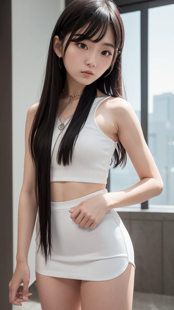 cxshenyu, Solitary, sleeveless, Necklace, Looking at the audience, shirt, sleeveless shirt, Bare shoulders, white shirt, Black skirt, Practical, black Necklace, Brown hair, Shut up, Practical,masterpiece,best quality