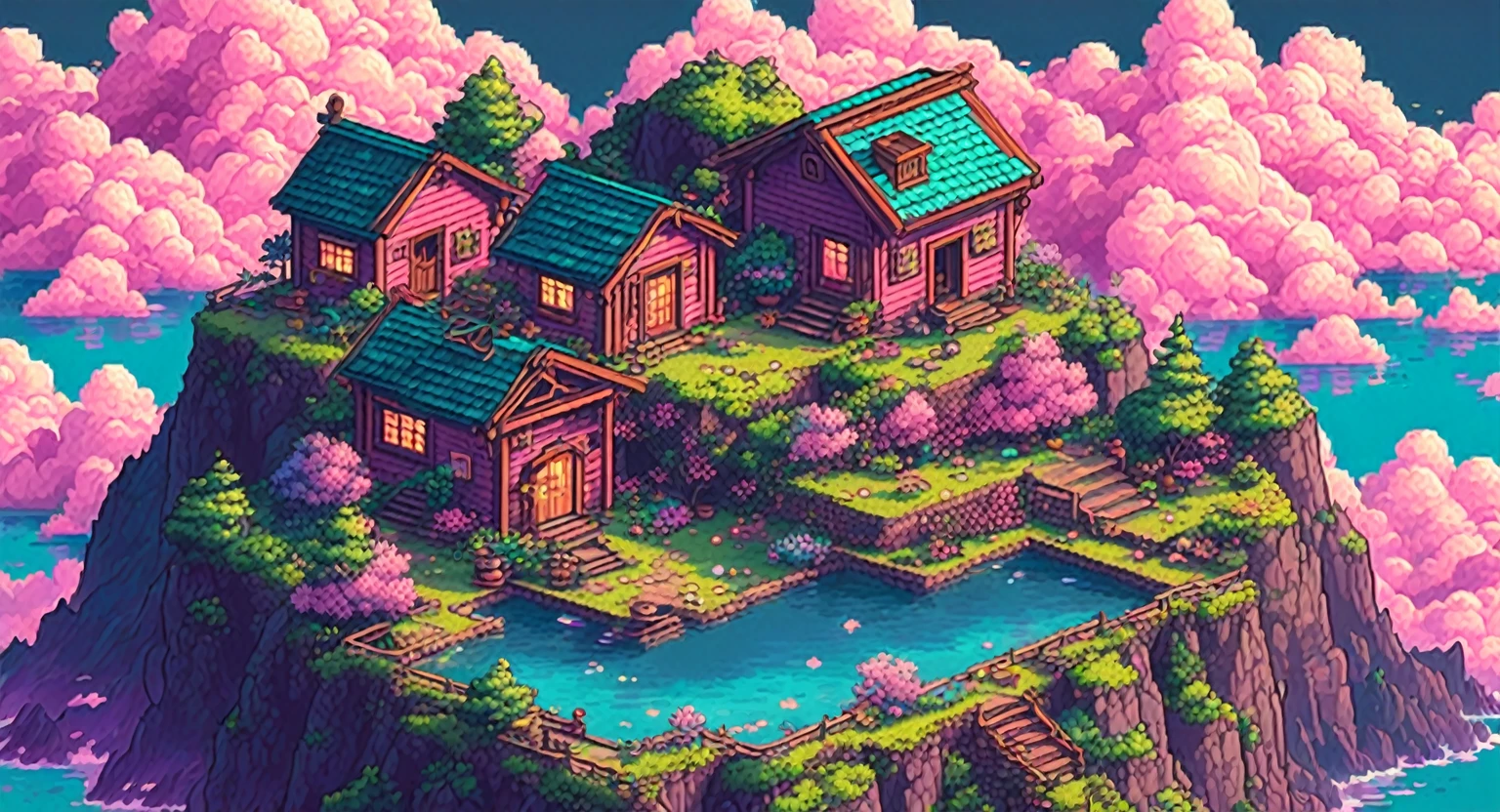 kawaii, pixel art, top down view, a cottage on a mountain, surrounded by ocean, pink clouds, dramatic, pastel colors