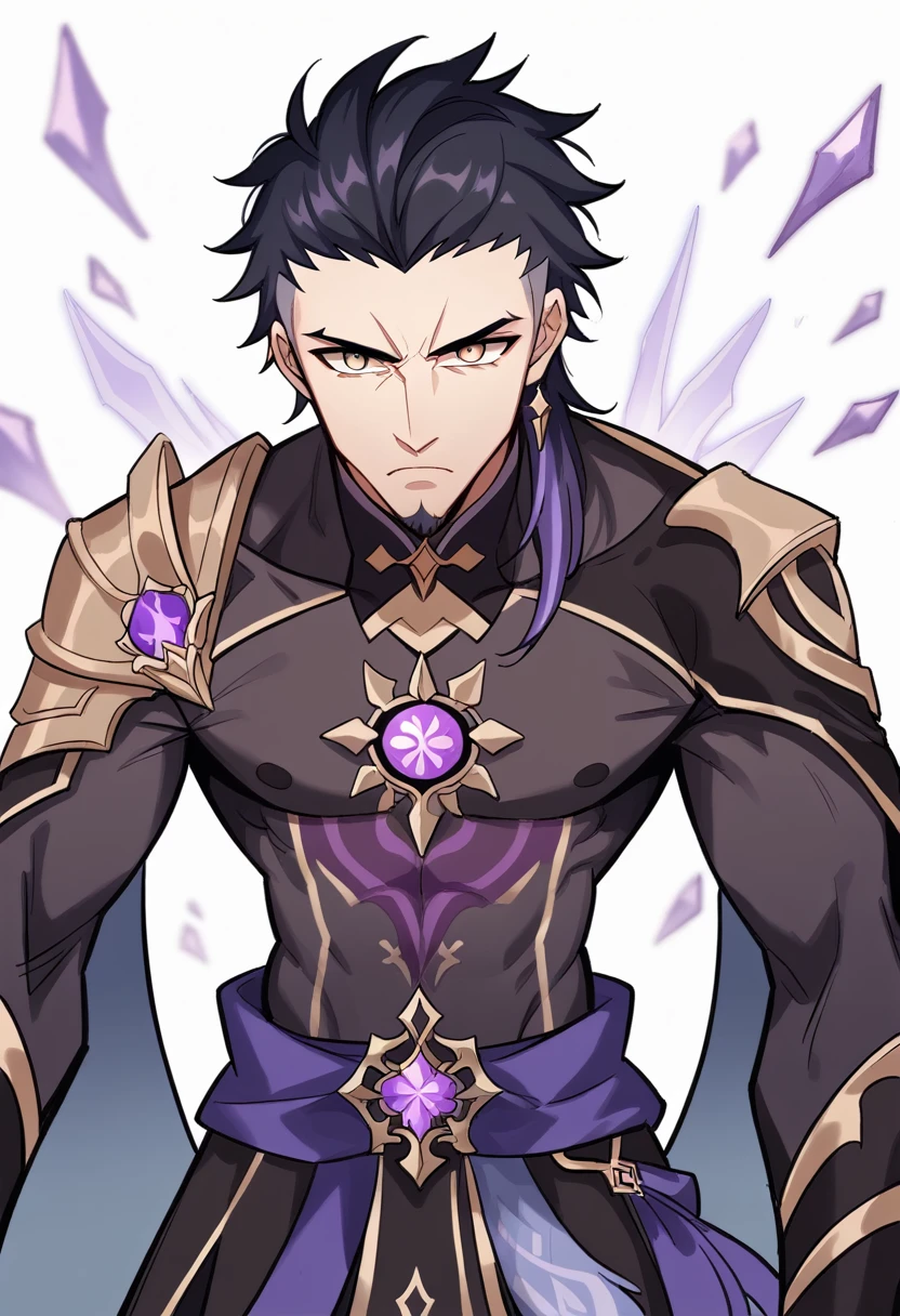Simple white background, Genshin Impact muscular male character, unique character, serious appearance, black suite, short, wavy and black hair, slicked back, goatee, visual novel, detailed black armor, high quality, cinematic, dramatic pose, intricate details, vibrant colors, masterpiece, Genshin Impact, purple jewel on a golden coat of arms