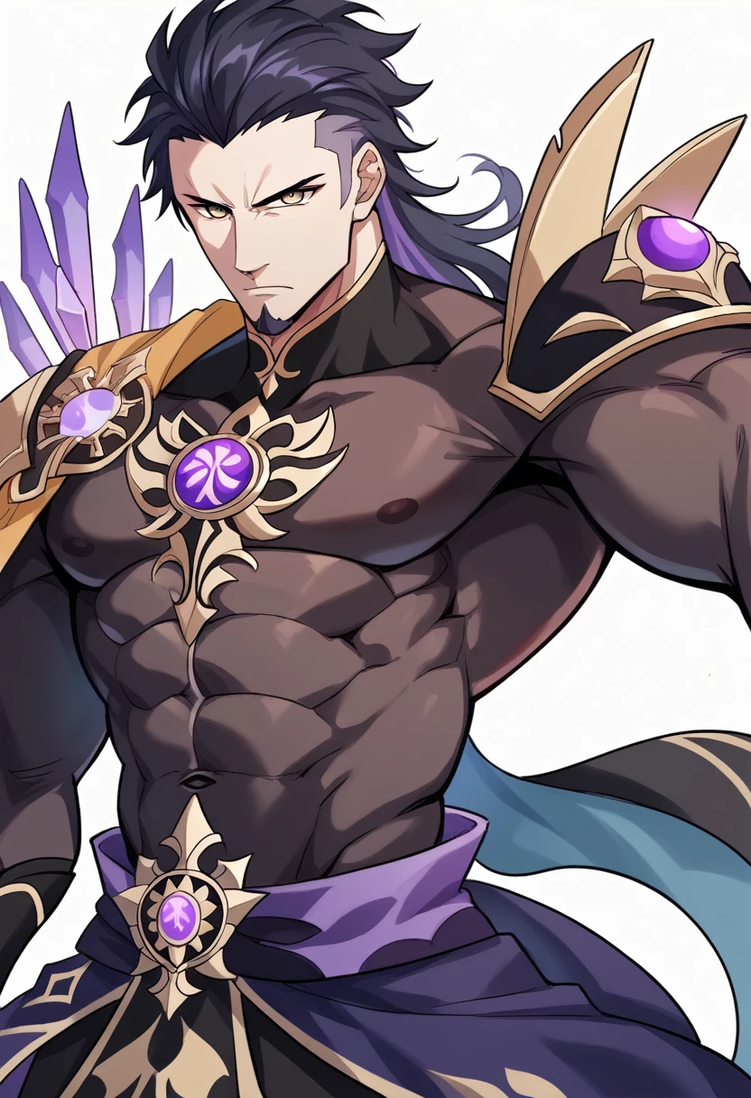 Simple white background, Genshin Impact muscular male character, unique character, serious appearance, black suite, short, wavy and black hair, slicked back, goatee, visual novel, detailed black armor, high quality, cinematic, dramatic pose, intricate details, vibrant colors, masterpiece, Genshin Impact, purple jewel on a golden coat of arms