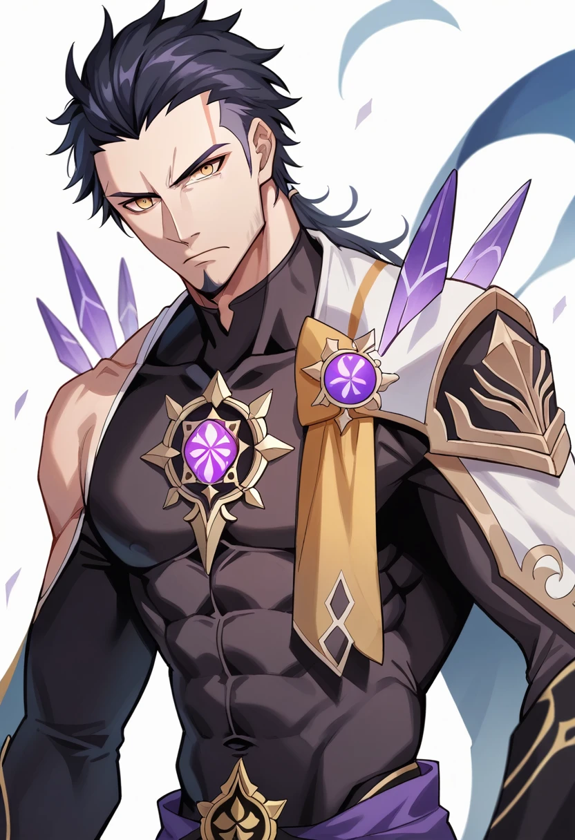 Simple white background, Genshin Impact muscular male character, unique character, serious appearance, black suite, short, wavy and black hair, slicked back, goatee, visual novel, detailed black armor, high quality, cinematic, dramatic pose, intricate details, vibrant colors, masterpiece, Genshin Impact, purple jewel on a golden coat of arms