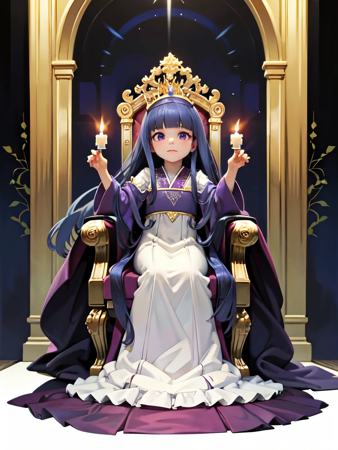 (Ultra-high resolution), (masterpiece), (Attention to detail), (high quality), (最high quality) , One Girl, (Full Autorica), Blue Hair, Purple eyes, Long Hair, blunt bangs, bangs,, Medieval Queen, Throne, Gorgeous dress, Gold embroidery, gemの冠, silk, velvet, Royal Robes, Ruby, sapphire, royal palace, marble, crown, gem, Luxury Background, Pillar, Tapestry, knight, candlestick, mural, full body
