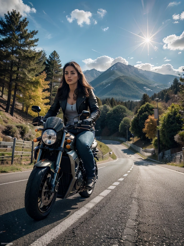 a woman riding a racing motorcycle, detailed background of a winding road, (best quality,4k,8k,highres,masterpiece:1.2),ultra-detailed,(realistic,photorealistic,photo-realistic:1.37),dynamic composition, dramatic lighting, vibrant colors, intricate details, speed blur, motion blur, wind in hair, leather jacket, focused expression, muscular legs, powerful motorcycle, winding road, mountains, trees, clouds, sun flare