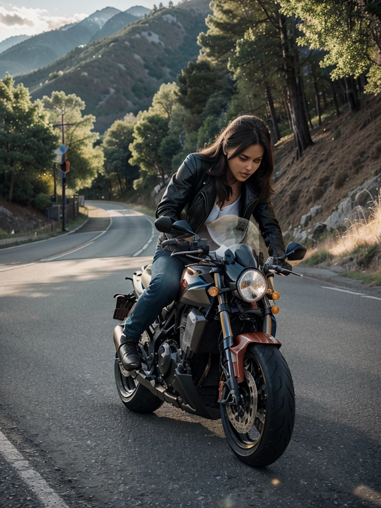 a woman riding a racing motorcycle, detailed background of a winding road, (best quality,4k,8k,highres,masterpiece:1.2),ultra-detailed,(realistic,photorealistic,photo-realistic:1.37),dynamic composition, dramatic lighting, vibrant colors, intricate details, speed blur, motion blur, wind in hair, leather jacket, focused expression, muscular legs, powerful motorcycle, winding road, mountains, trees, clouds, sun flare