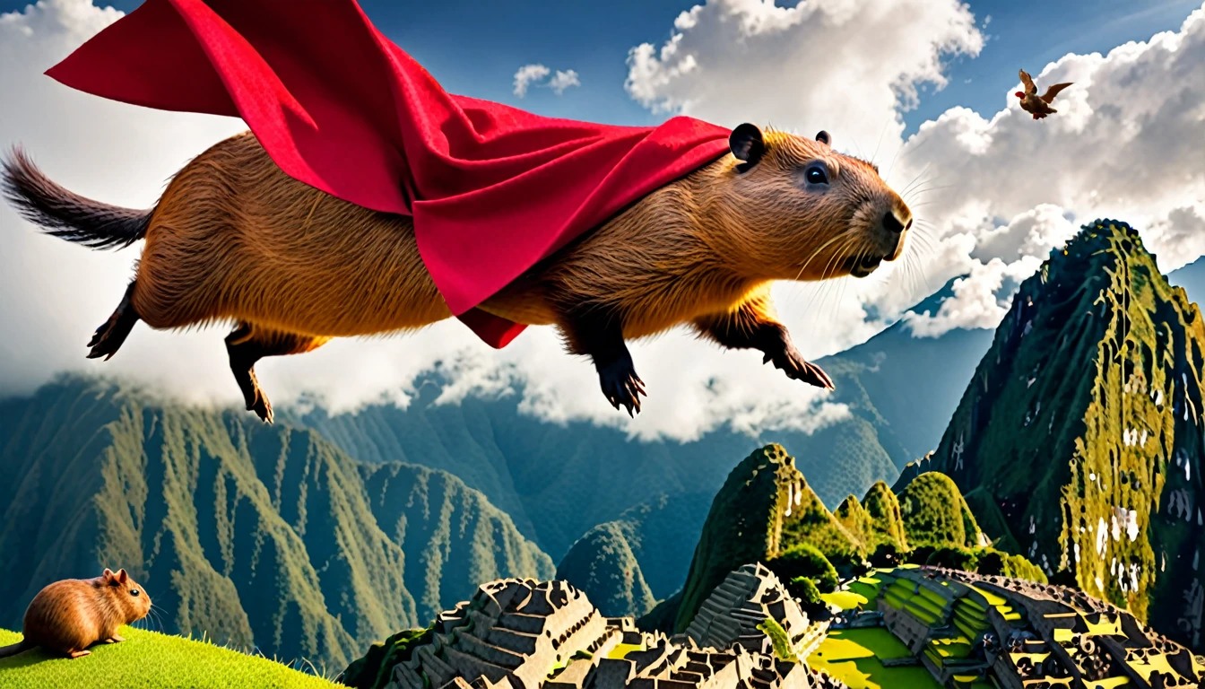 photo of a flying superhero capybara in red cape fetching flying guinea pigs mid air above Machu Picchu, highly detailed, cinematic lighting, dramatic composition, 4k, masterpiece, flying