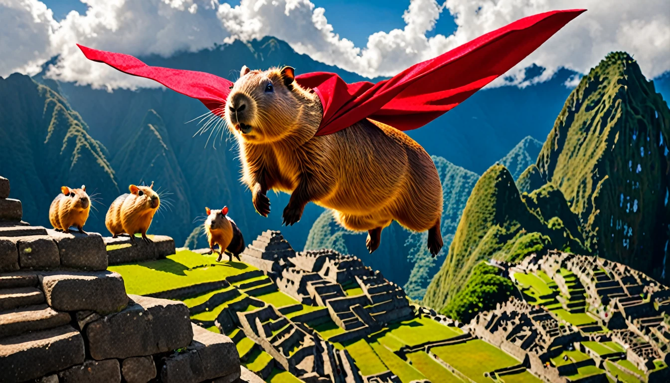 photo of a flying superhero capybara in red cape fetching flying guinea pigs mid air above Machu Picchu, highly detailed, cinematic lighting, dramatic composition, 4k, masterpiece, flying