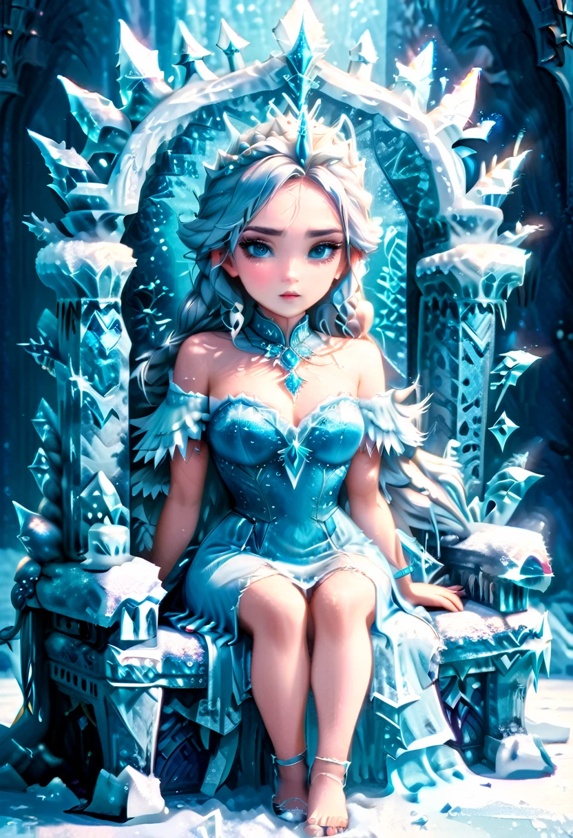 Arafed a picture of a frozen throne for an ice goddess, the goddess is sitting on her icy throne, wearing white and blue royal dress, glamorous dress, dynamic hair, bold intense eyes, extremely exquisite beautiful queen, perfect body, (anatomically correct: 1.3), ultra feminine, ultra detailed face, dark blue lips, azure glowing eyes, she sits on a (throne made from ice: 1.3) of regality, and might, throne carved from ice , legendary symmetric design, with (many carvings in the ice: 1.3), dynamic caevings on the handles decorated with (diamonds: 1.1), and (blue gems: 1.1), fantasy ice goddess hall room background, (masterpiece: 1.4) intense details, highly detailed, photorealistic, best quality, highres,16k, (ultra detailed:1.3(, masterpiece, best quality, (extremely detailed), close up, ultra wide shot, photorealistic, RAW, fantasy art, dnd art, fantasy art, realistic art,((best quality)), ((masterpiece)), (detailed: 1.5), ral-ntrgmstn, faize, IceMagicAI