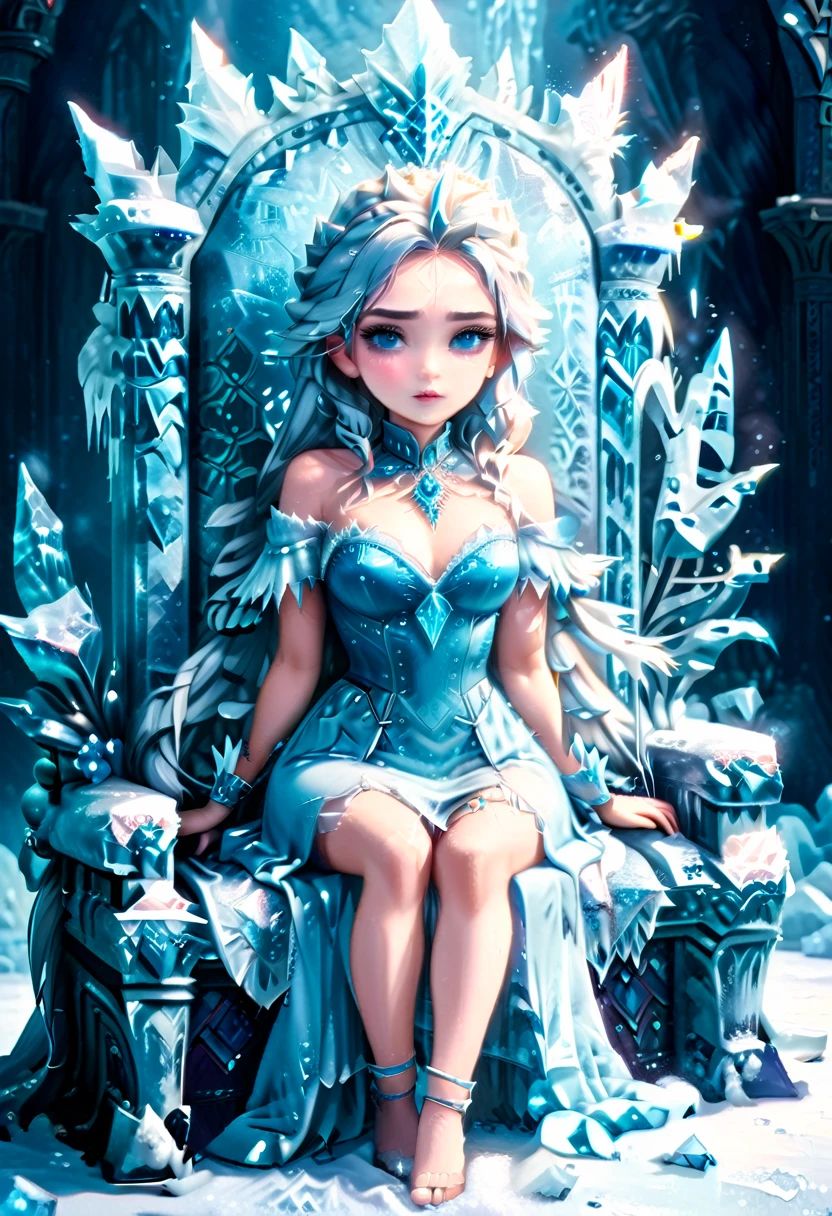 Arafed a picture of a frozen throne for an ice goddess, the goddess is sitting on her icy throne, wearing white and blue royal dress, glamorous dress,  dynamic hair, bold intense eyes, extremely exquisite beautiful queen, perfect body, (anatomically correct: 1.3), ultra feminine, ultra detailed face, dark blue  lips, azure glowing eyes, she sits on a (throne made from ice: 1.3) of regality, and might, throne carved from ice , legendary symmetric design, with (many carvings in the ice: 1.3), dynamic caevings on the handles decorated with (diamonds: 1.1), and (blue gems: 1.1), fantasy ice goddess hall room background, (masterpiece: 1.4) intense details, highly detailed, photorealistic, best quality, highres,16k, (ultra detailed:1.3(, masterpiece, best quality, (extremely detailed), close up, ultra wide shot, photorealistic, RAW, fantasy art, dnd art, fantasy art, realistic art,((best quality)), ((masterpiece)), (detailed: 1.5), ral-ntrgmstn, faize, IceMagicAI