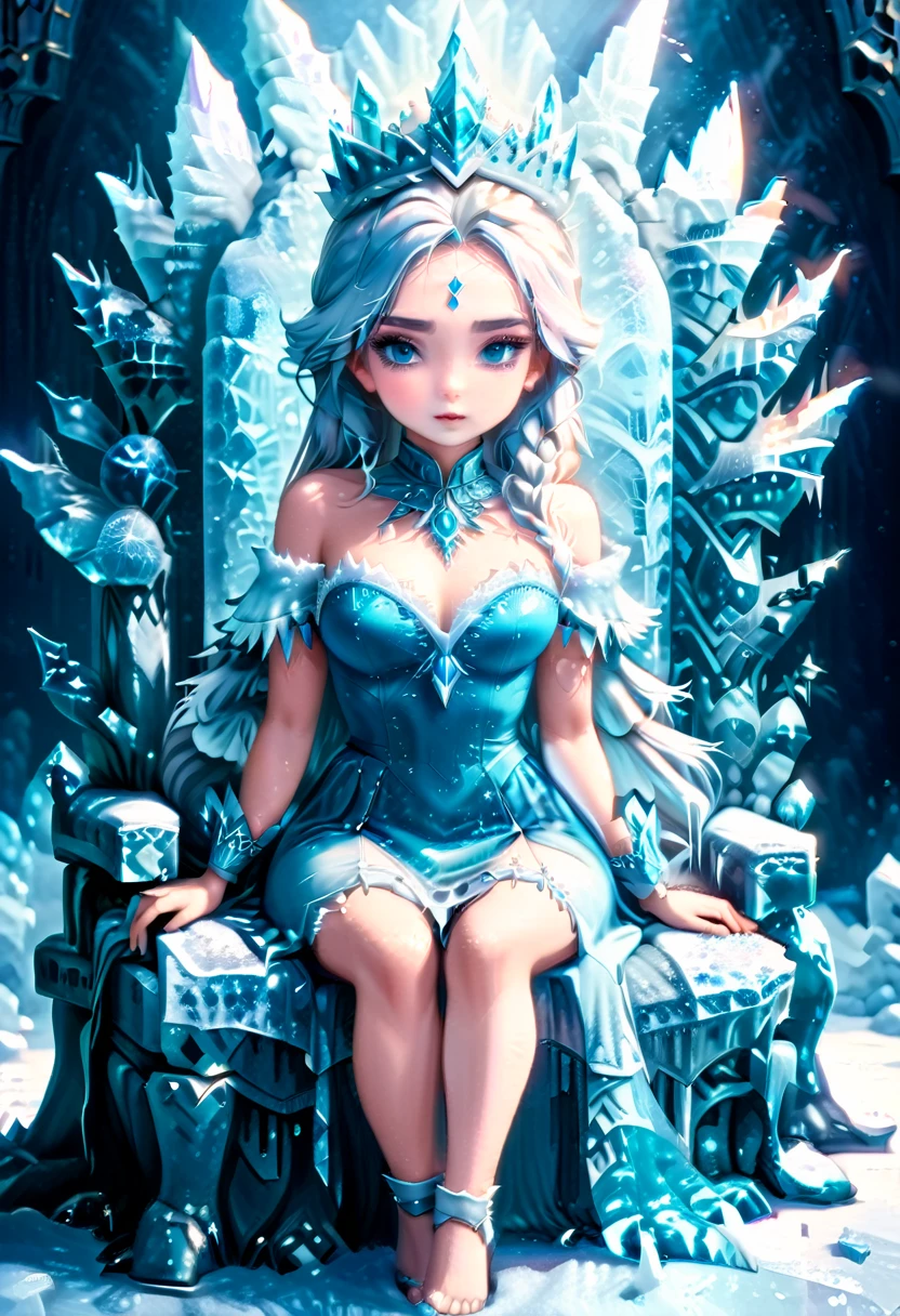 Arafed a picture of a frozen throne for an ice goddess, the goddess is sitting on her icy throne, wearing white and blue royal dress, glamorous dress,  dynamic hair, bold intense eyes, extremely exquisite beautiful queen, perfect body, (anatomically correct: 1.3), ultra feminine, ultra detailed face, dark blue  lips, azure glowing eyes, she sits on a (throne made from ice: 1.3) of regality, and might, throne carved from ice , legendary symmetric design, with (many carvings in the ice: 1.3), dynamic caevings on the handles decorated with (diamonds: 1.1), and (blue gems: 1.1), fantasy ice goddess hall room background, (masterpiece: 1.4) intense details, highly detailed, photorealistic, best quality, highres,16k, (ultra detailed:1.3(, masterpiece, best quality, (extremely detailed), close up, ultra wide shot, photorealistic, RAW, fantasy art, dnd art, fantasy art, realistic art,((best quality)), ((masterpiece)), (detailed: 1.5), ral-ntrgmstn, faize, IceMagicAI