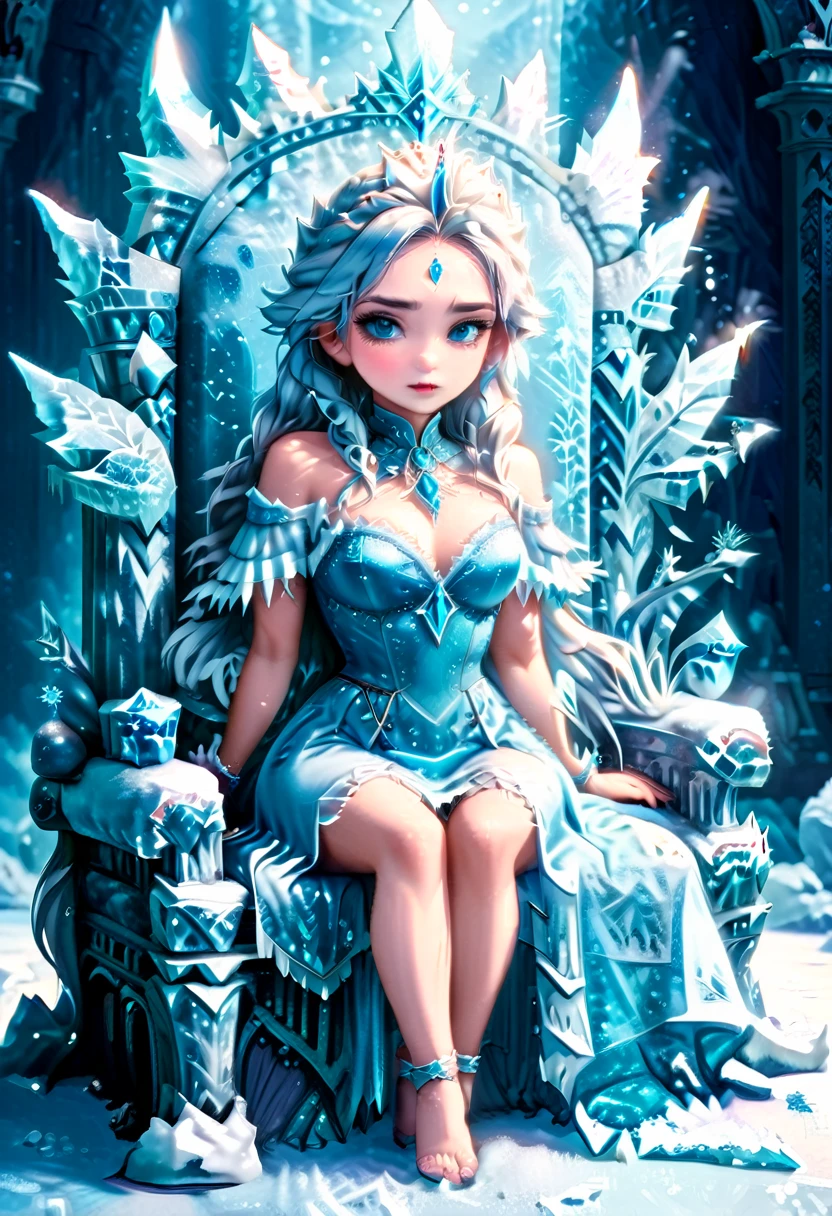 Arafed a picture of a frozen throne for an ice goddess, the goddess is sitting on her icy throne, wearing white and blue royal dress, glamorous dress, dynamic hair, bold intense eyes, extremely exquisite beautiful queen, perfect body, (anatomically correct: 1.3), ultra feminine, ultra detailed face, dark blue lips, azure glowing eyes, she sits on a (throne made from ice: 1.3) of regality, and might, throne carved from ice , legendary symmetric design, with (many carvings in the ice: 1.3), dynamic caevings on the handles decorated with (diamonds: 1.1), and (blue gems: 1.1), fantasy ice goddess hall room background, (masterpiece: 1.4) intense details, highly detailed, photorealistic, best quality, highres,16k, (ultra detailed:1.3(, masterpiece, best quality, (extremely detailed), close up, ultra wide shot, photorealistic, RAW, fantasy art, dnd art, fantasy art, realistic art,((best quality)), ((masterpiece)), (detailed: 1.5), ral-ntrgmstn, faize, IceMagicAI