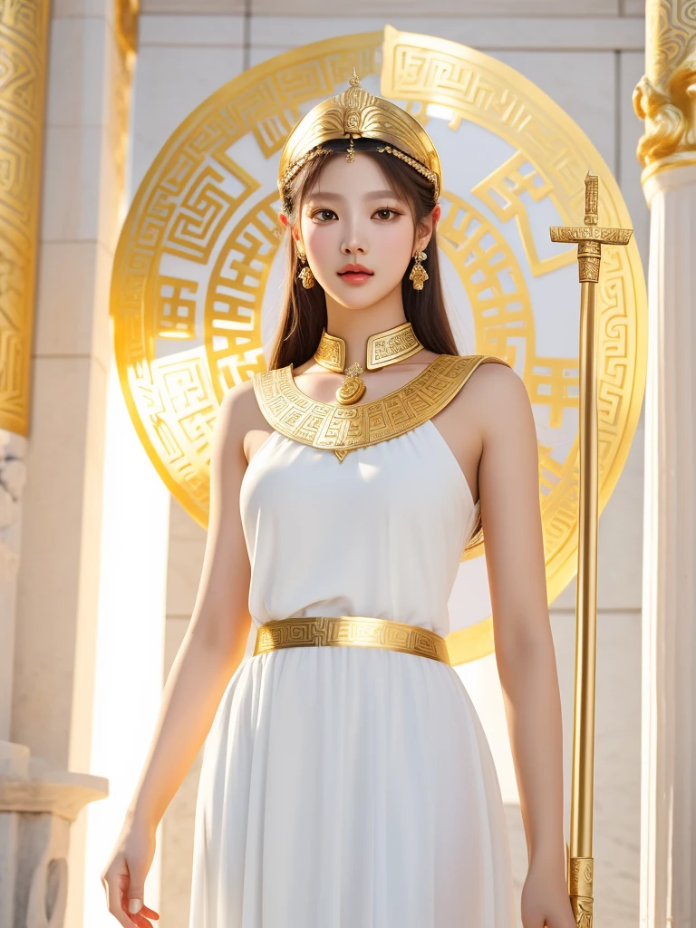 Greek goddess Athena, greek style white dress, Golden armor, golden spear. rostro de jennie kim. 