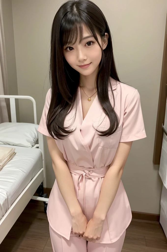 Hospital room, nurse, ((full body)), ((photo)), ((best qualtiy, 8K, tmasterpiece: 1.3)), Focus: 1.2, perfect figure beautiful girl: 1.4, 1girl, cowboy shot, look at viewer, eyes facing the camera, incredibly absurd, beautiful and cute girl with a photorealistic face, showcasing top-quality craftsmanship, Japanese woman taking care of patients in a hospital room, 23 years old, long hair parted in the middle, long layered bangs, silky hair quality, thick and voluminous style, beautiful features, amber eyes, long eyelashes, thin eyebrows, beautiful bridge of the nose, small nose, plump and elegant pink lips, fair skin, high cheekbones, cute smile, clean jawline, beautiful nape, long neck, 163cm height, long limbs, delicate, slender, well-balanced proportions, beautiful C-cup breasts, pink blouse and pink pants nurse uniform, nurse shoes, gold ring and necklace, beautiful, neat, refined, elegant, soothing, pretty older sister, long legs, kind, strong-willed, passionate, proactive, hardworking, gains the trust of those around her, October
